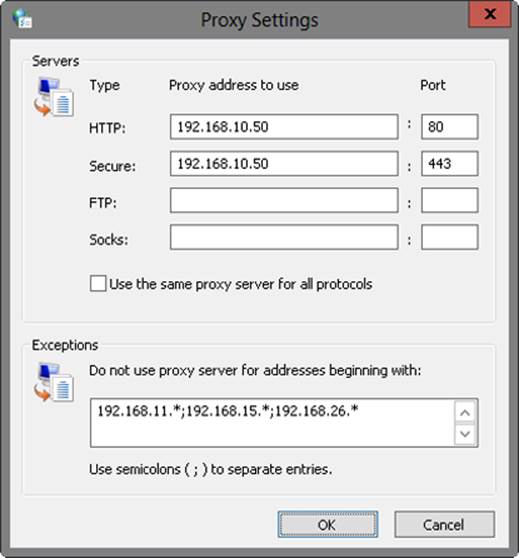 A screen shot of the Proxy Settings dialog box, where you can set the proxy address to use, in addition to creating exceptions for proxy servers based on IP addresses you want to exclude.