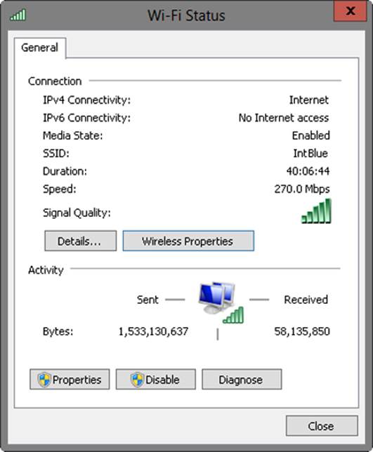 A screen shot of the Wi-Fi Status dialog box, where you can check the status of the connection. You can also view the duration and speed of the connection.