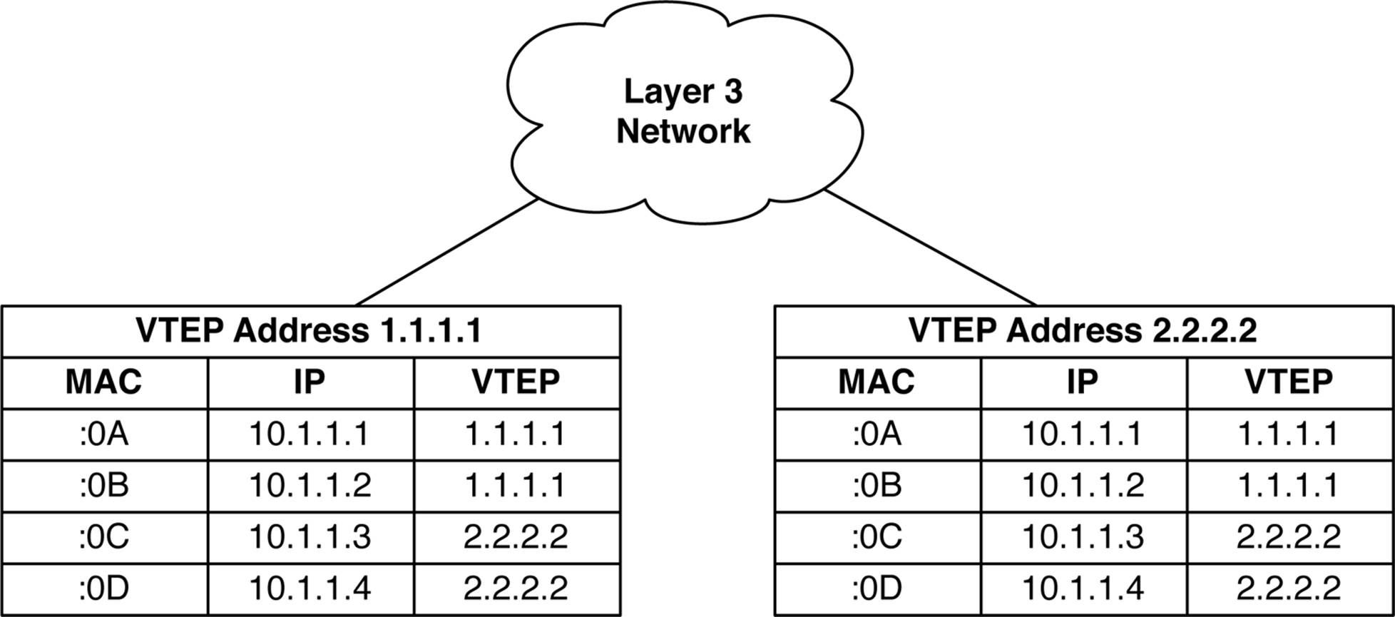 VTEP MAC, IP, and loopback tables
