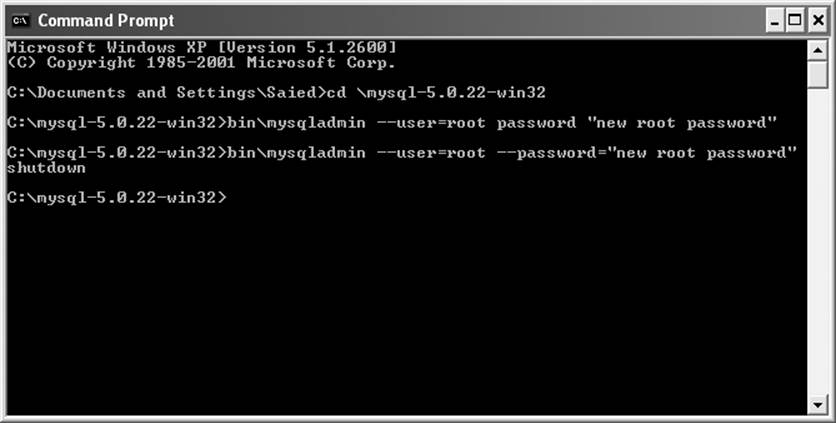 Running the mysqladmin program from the Windows command prompt