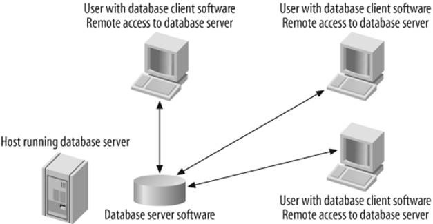 Database server, with managers’ computers configured for remote access to the database server
