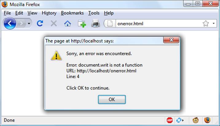 Using the onerror event with an alert method pop-up