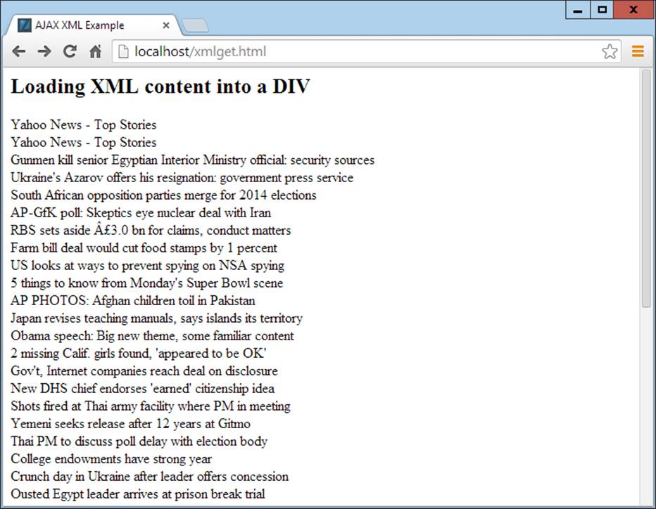 Fetching a Yahoo! XML news feed via Ajax