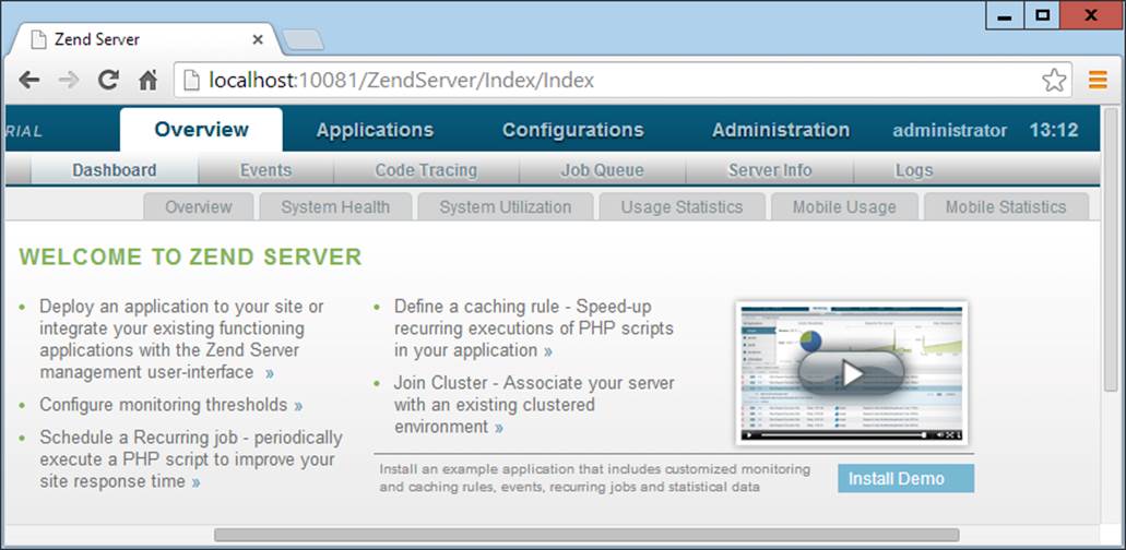 The Zend Server administration screen