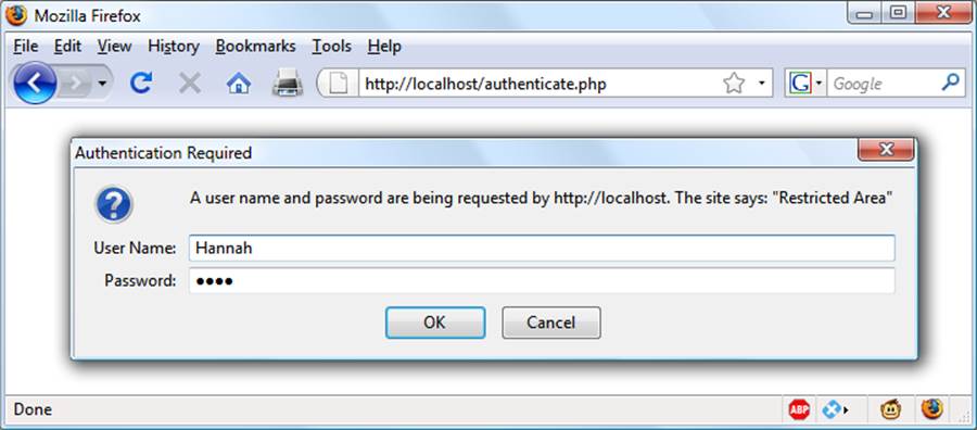 An HTTP authentication login prompt