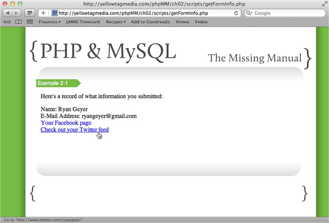 You may want to update your PHP script even further, to add some additional style and formatting. You may want to change things to read from your user&rsquo;s perspective: &ldquo;My name,&rdquo; and &ldquo;Check out my Twitter page.&rdquo; Don&rsquo;t be afraid to experiment, now that you&rsquo;re getting comfortable with your PHP script.