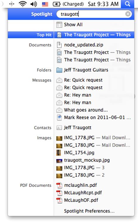 Mac OS X’s Spotlight tries to relate files in different places by their name, the folder they’re in, or their content. In other words, Spotlight seeks to determine the relationship between different files and folders.