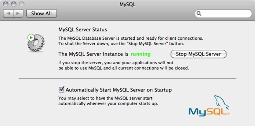 The Preferences pane is a handy feature of MySQL on Mac OS X. It lets you start and stop the database, and if you have problems, it gives you a quick place to go figure out what’s wrong: it may be as simple as your MySQL installation isn’t running.