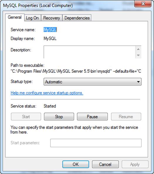 In Windows, you can find most of the programs that interact with your system in the Local Services section of your Administrative Services control panel. You can start and stop services, look for errors, and set a service to start automatically: all of which the MySQL installation so nicely handled for you.