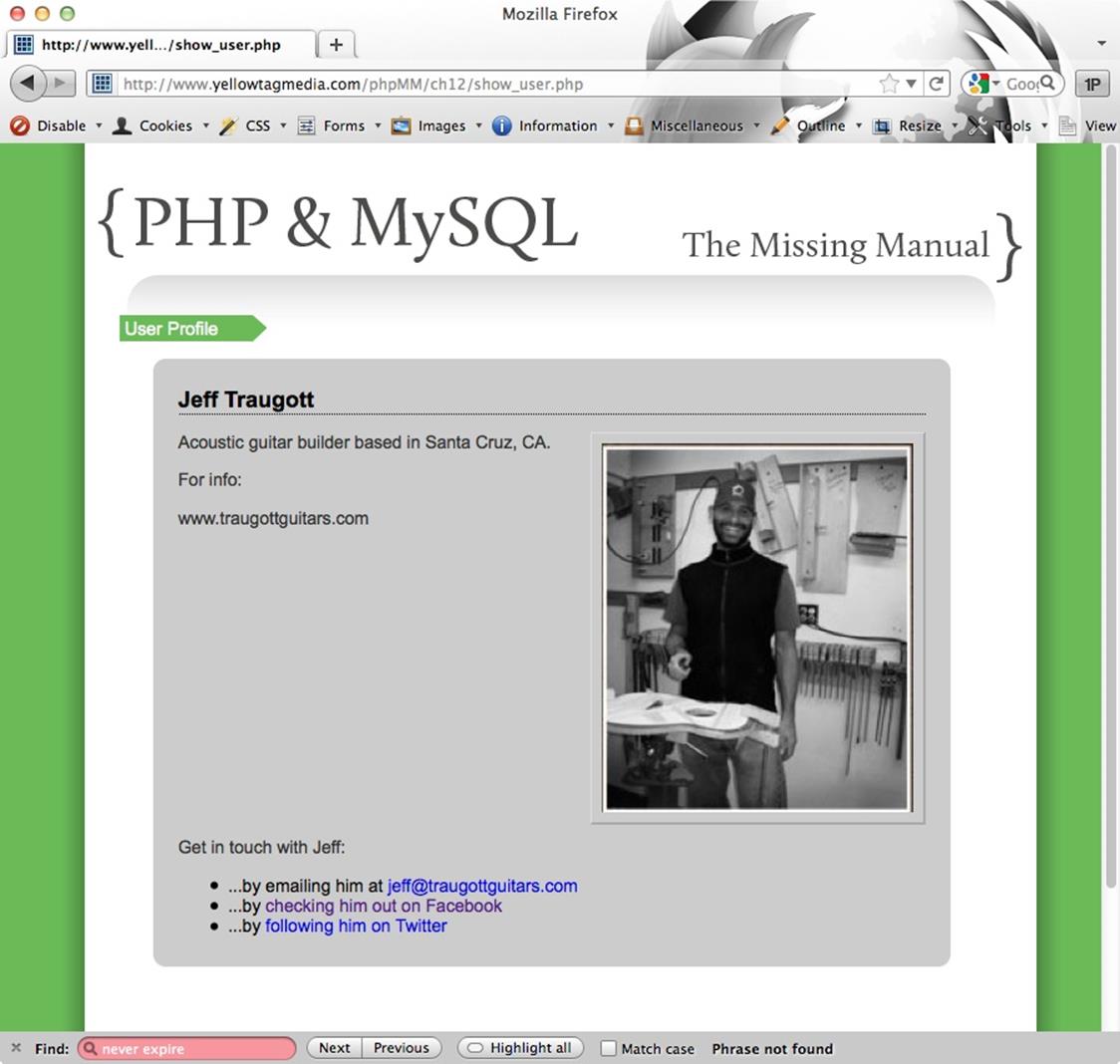 Once again, victory is signified by getting to a page you’ve long since completed. Here, it’s getting to show_user.php with the user that just logged in. But there’s no browser magic here (not in the authentication bit, anyway), and no HTTP authentication. Just good old-fashioned PHP, MySQL, and some help from cookies.