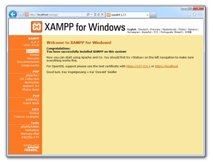 The admin page provided by XAMPP confirms your Apache web server is running