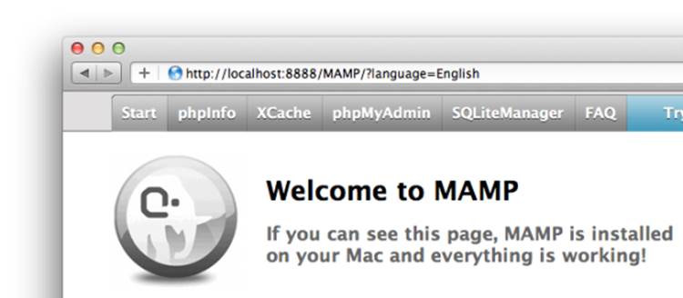 The MAMP welcome page confirms Apache, PHP, and MySQL are up and running