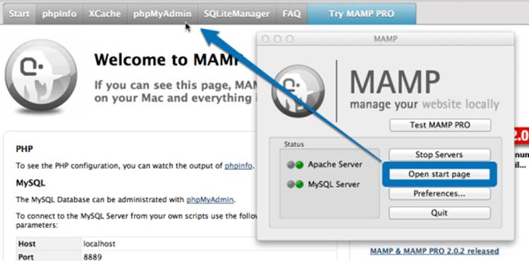 You can access phpMyAdmin from MAMP’s start page