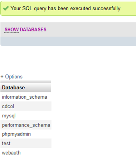 The query results are displayed in the main phpMyAdmin window