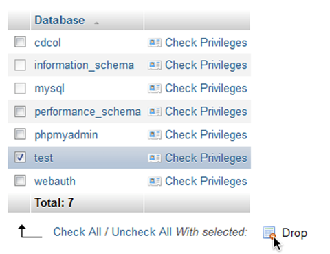 The ability to drop a database in phpMyAdmin is well hidden