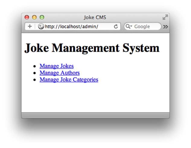 The Joke CMS index page offers three links
