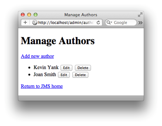 The maintenance of author details begins with the Manage Authors interface