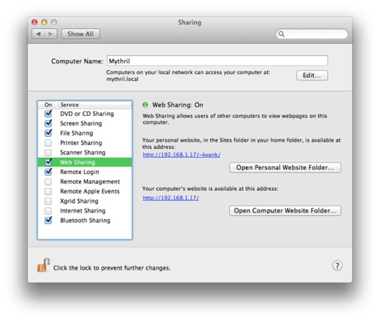 Enable Web Sharing in Mac OS X