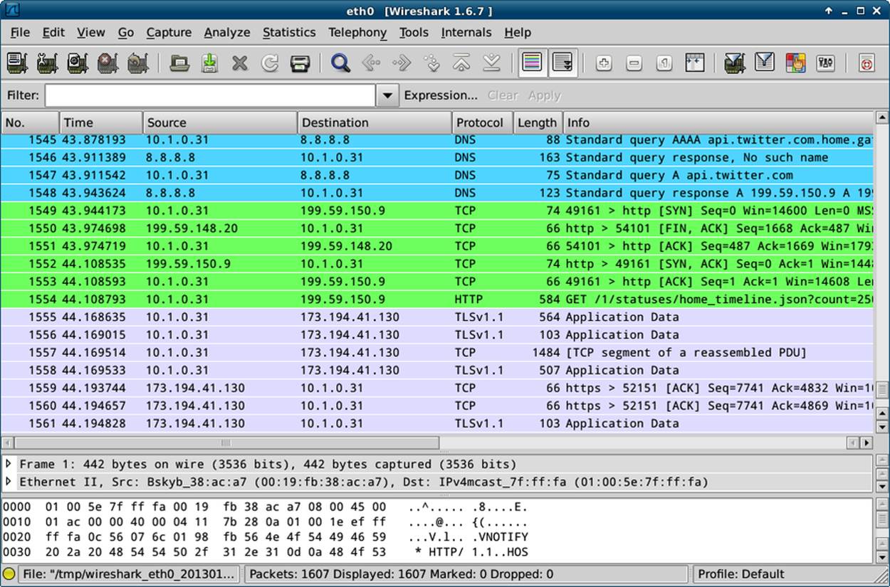 Wireshark showing all network card traffic