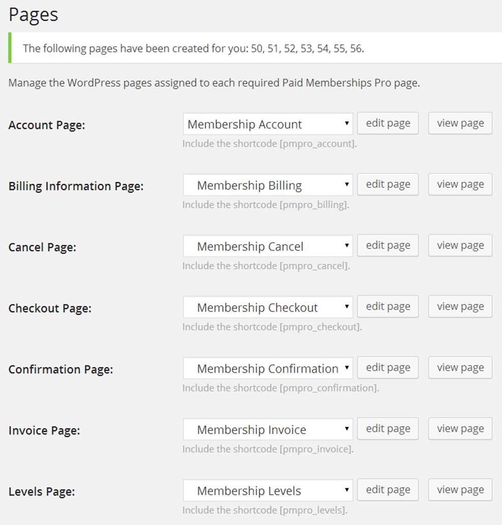 Default pages generated by Paid Memberships Pro