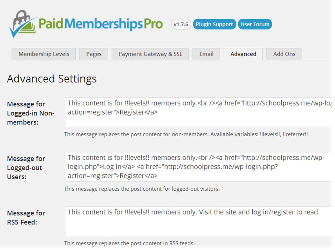 Paid Memberships Pro advanced settings