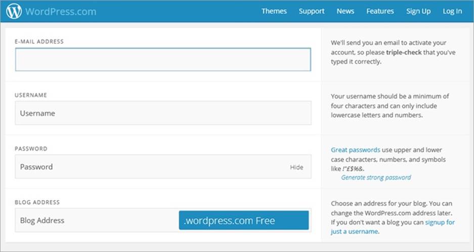 If you’ve ever stumbled through eight pages of forms to buy something online, you’ll appreciate WordPress.com’s single-page signup. You need to supply just four critical pieces of information: a website address and your user name, password, and email address.