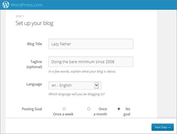 The more information you provide now, the less customization you’ll need to do later. As you step through this series of pages, WordPress collects the title and tagline for your blog (shown here), lets you pick the theme you want, and invites you to spread the word on Facebook and Twitter.
