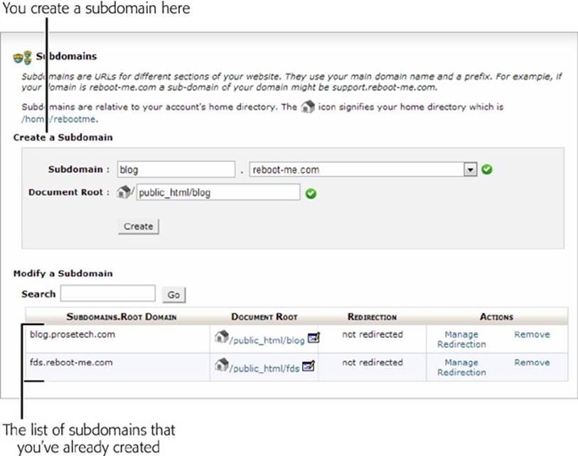 Here’s how you fill in the information for a subdomain named blog.reboot-me.com. Just click Create to seal the deal. The list below the button shows that there are two other subdomains in this account: blog.prosetech.com and fds.reboot-me.com.