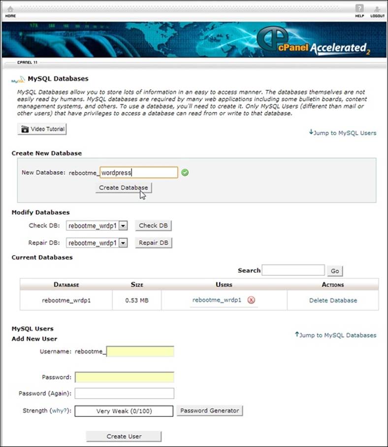 If your web host uses the cPanel interface, you’ll manage databases on a page like this. It’s divided into several sections. For a WordPress installation, the three important ones are Create New Database (shown here at the top), Add New User (near the bottom), and, not shown, Add User to Database (it’s all the way at the bottom of the page).