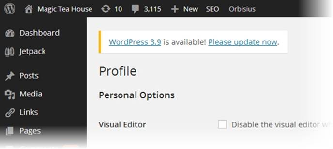 There’s a new version of WordPress available, and your site isn’t using it. To get the latest new features, click the “Please update now” link. This takes you to the Updates section of the dashboard (Figure 3-22).