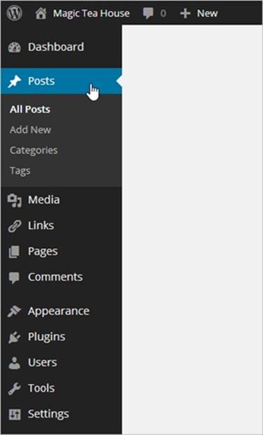 If you click the heading Posts, you actually go to the submenu item Posts→All Posts. And if you lose your bearings in the dashboard, just look for the bold text in the menu to find out where you are. In this example, that’s All Posts.