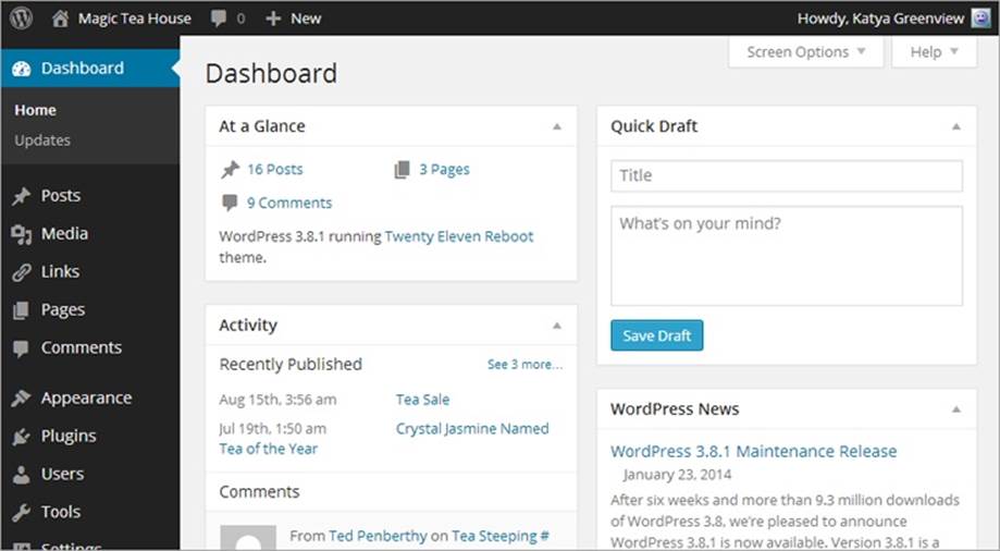 At the top of the dashboard home page, the “At a Glance” box displays your site’s vital signs—including how many posts, pages, and comments it has. To the right is a Quick Draft box that lets you create a new post in a hurry. Below that, you’ll find boxes with information about recent posts (articles you’ve written), recent comments (that other people have left in response to your posts), and links to WordPress news.