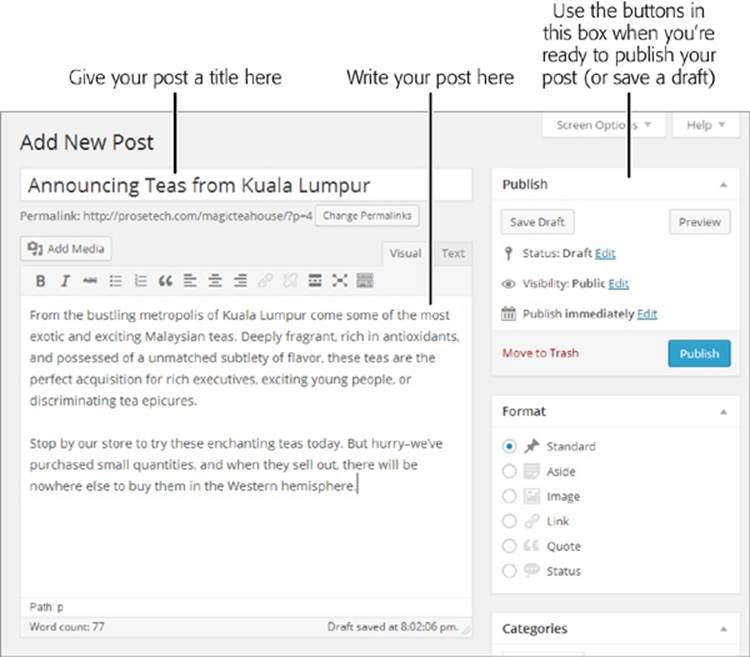 The minimum ingredients for any post are a descriptive title and a block of text. To the right is the all-important Publish box, which holds buttons that let you preview a post, publish it, or save it as a draft for later.