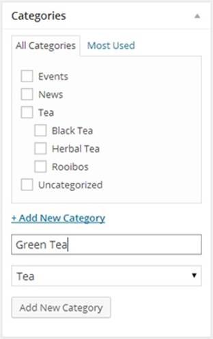 To add a post subcategory, you need to supply one extra piece of information: the parent category, which you select from a drop-down list.