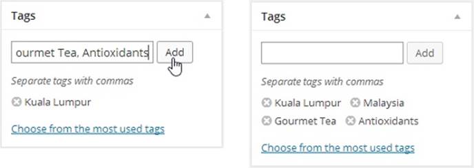 Left: Right now, this post has one tag, Kuala Lumpur. It’s about to get three more.Right: Now the post has four tags. If you change your mind, you can remove a tag by clicking the icon that appears next to it.