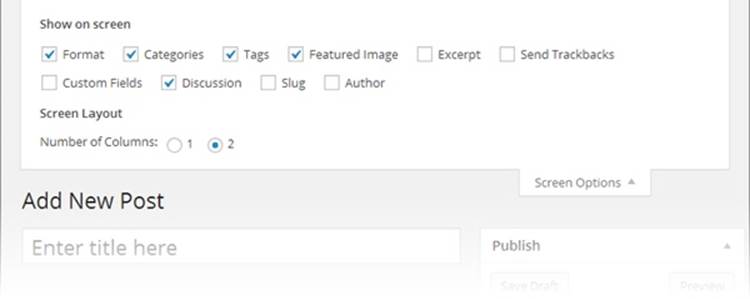 Here are the screen options for the Add New Post page. Using them, you can manage two things: the controls WordPress displays on the page (using the checkboxes under “Show on screen”), and the way WordPress presents those controls (using the settings under Screen Layout).
