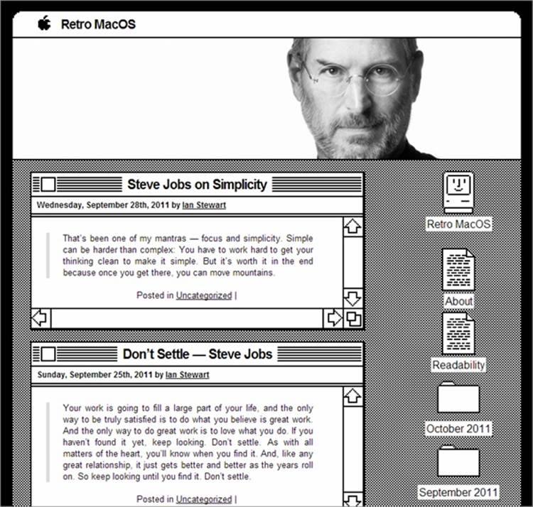 A theme for old-school Mac aficionados may be a bit excessive for an ordinary site. But the theme is put to good effect on this Mac-centric sample site.