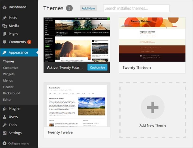 On the Themes page, WordPress displays all the themes currently installed on your site. In this freshly created self-hosted WordPress site, you start with three choices. The first theme in the gallery (here, that’s Twenty Fourteen) is the one that your site currently uses.