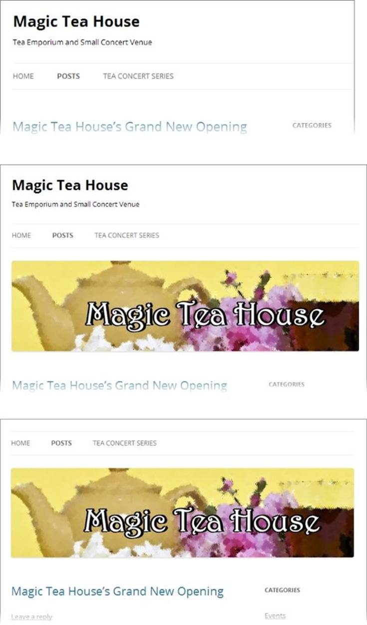 Top: The Magic Tea House is a bit plain with a text-only header.Middle: Every theme makes its own decision about where to place the header image. If you add an image to the Twenty Twelve theme, it turns up underneath the menu.Bottom: Hiding the header text results in a much cleaner look.
