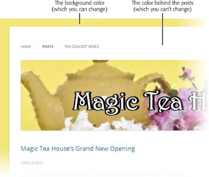 Ordinarily, the Twenty Twelve theme centers content horizontally in the browser window and pads the edges with white space. But here the background color is set to match the yellow from the header image. The color behind the posts remains white, ensuring easy reading.