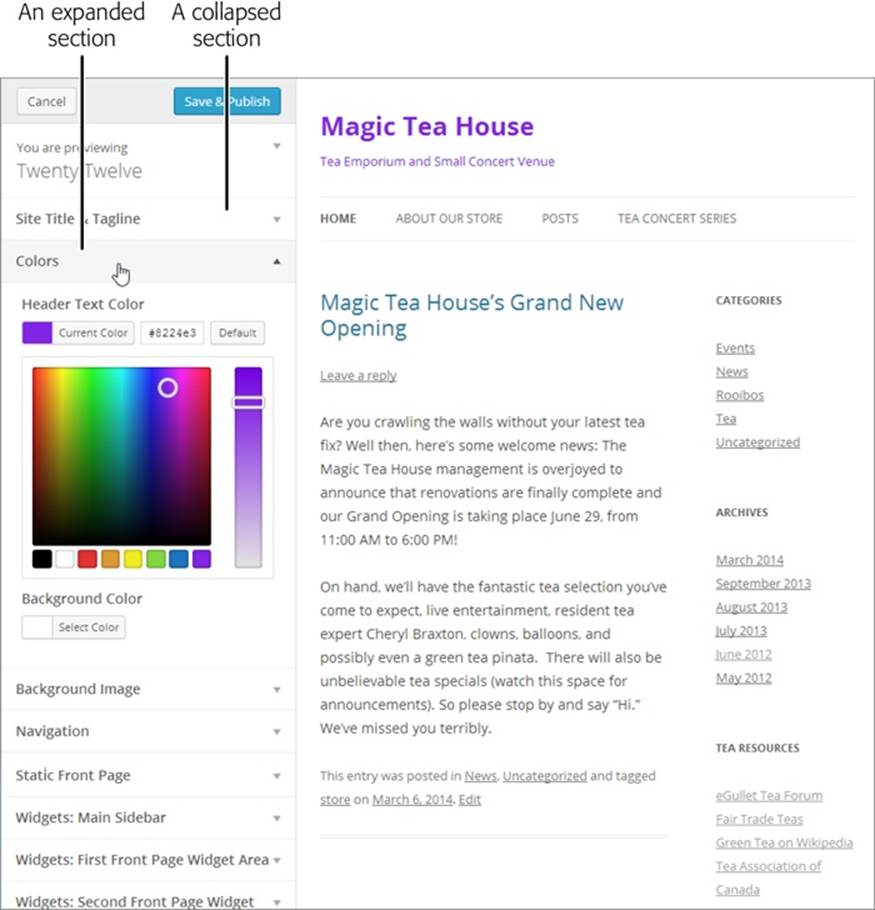 To modify your theme using WordPress’s theme customizer, click a section on the left to open it and adjust the settings (like those for Colors, shown here). Make your changes and watch the preview unfold on the right. If you like the result, click Save & Publish at the top of the panel. If you don’t, pick something else, or click Cancel to back out of all your changes.