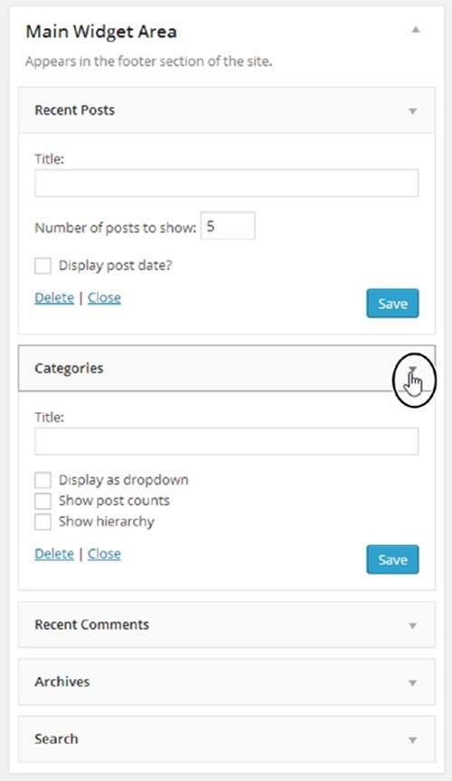 You can change the Recent Posts widget to show as many posts as you want (not just the latest five). The Categories box gives you three special options. “Display as dropdown” compresses the category into a drop-down list box, which saves space but forces people to click the box open. “Show post counts” shows the number of posts in a category in parentheses after the category name. And “Show hierarchy” displays the category tree, which is especially handy if you use subcategories, as described on page 110.