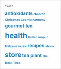 This tag cloud shows that “health” is the most frequently used tag, with “store” close behind. As with categories, clicking a tag shows all the posts that use it.