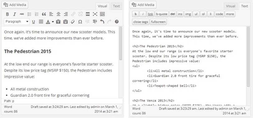 Here’s the same document—with a heading and a list—shown in both the visual editor (left) and the HTML editor (right).