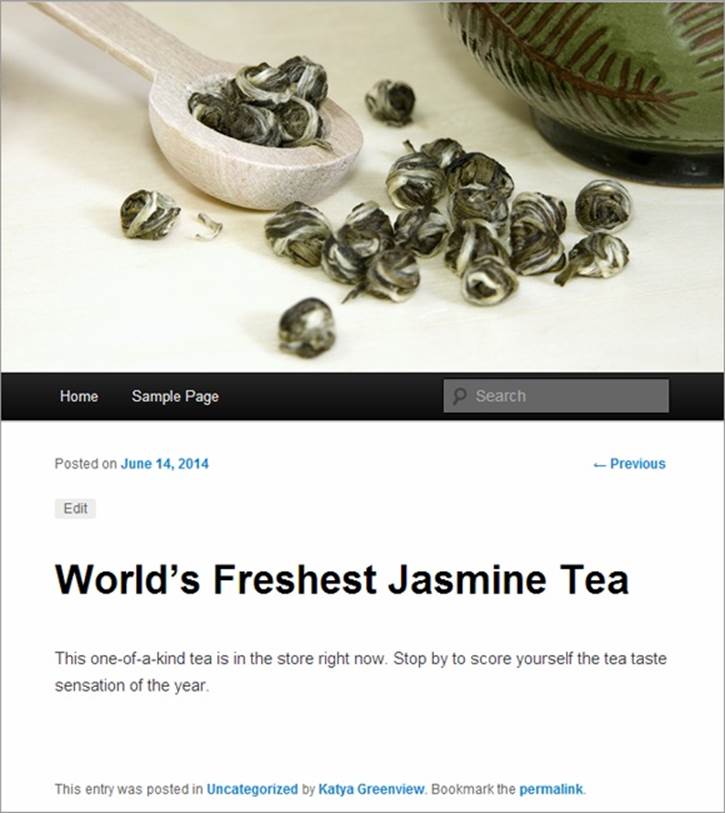 When you read this post, the featured image (some tea leaf buds) temporarily replaces the site header. This works even though the picture doesn’t actually appear anywhere in the post.