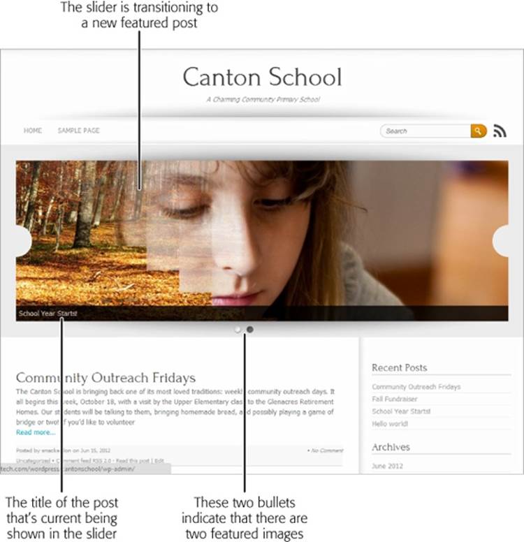 The Brightpage theme uses a slider—a graphical banner that displays the featured images from your most timely or important posts. Each image appears for about 5 seconds, and then the slider changes to the next image using a slick transition effect (a fade, a blend, or a slide, which gives the slider its name). Visitors can click the featured image to view the corresponding post, or scroll down the page to see more posts.