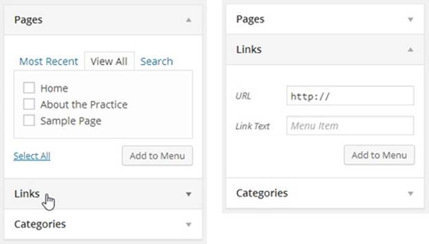 You can set options for only one menu section at a time. You choose which one by clicking the heading. For example, if you want to add a link but the Pages box is expanded (left), click the Links heading to open the Links box (right).