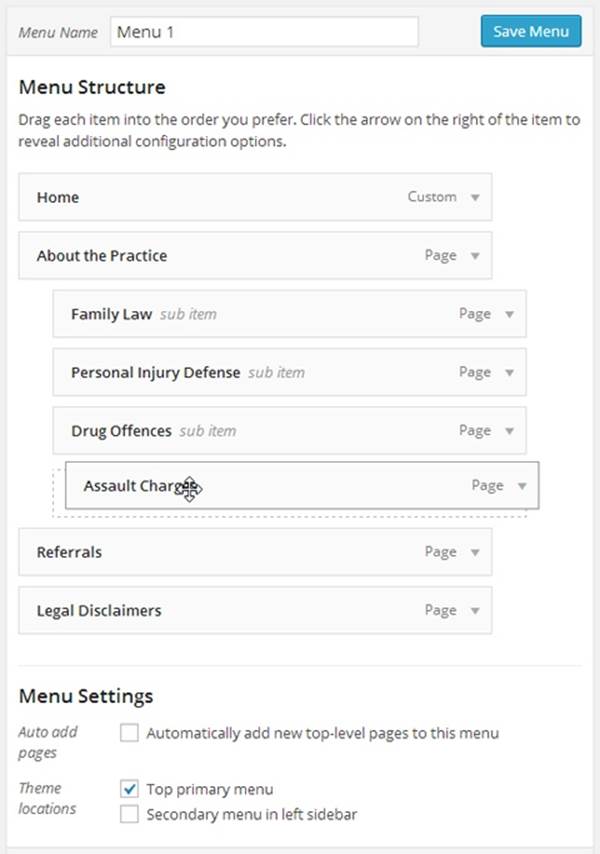 By dragging the Assault Charges page slightly to the right, it becomes a submenu item under the “About the Practice” page, along with several other pages. Figure 7-14 shows the result.