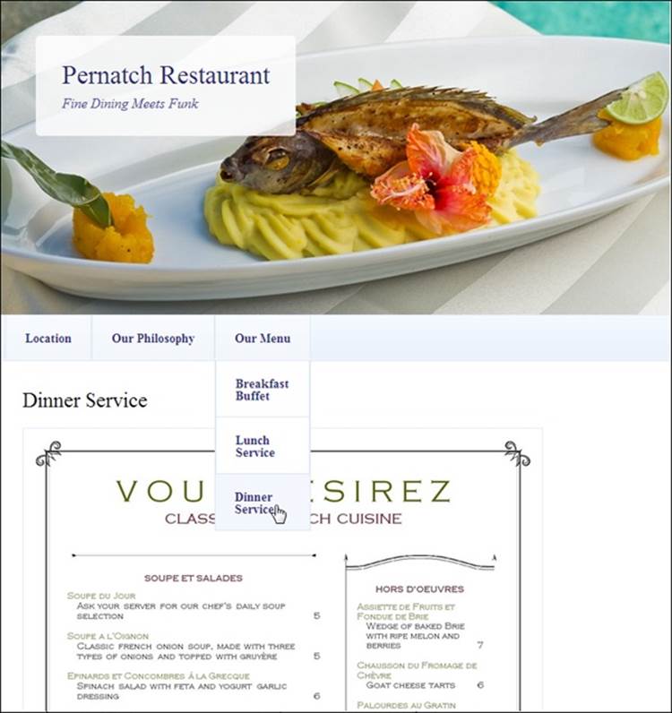 This restaurant website is a collection of WordPress pages, including those labeled Location, Our Philosophy, and Our Menu. Unlike posts, pages aren’t related in any obvious way, nor are they dated, categorized, or tagged.