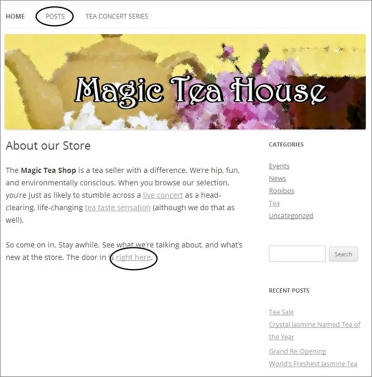 Here’s the new home page for the Magic Tea House. You can continue on to the site by using the text-based links on this page, or by using the menu above the header image. The Posts link takes you to the posts page, which looks the same as the old Tea House home page.
